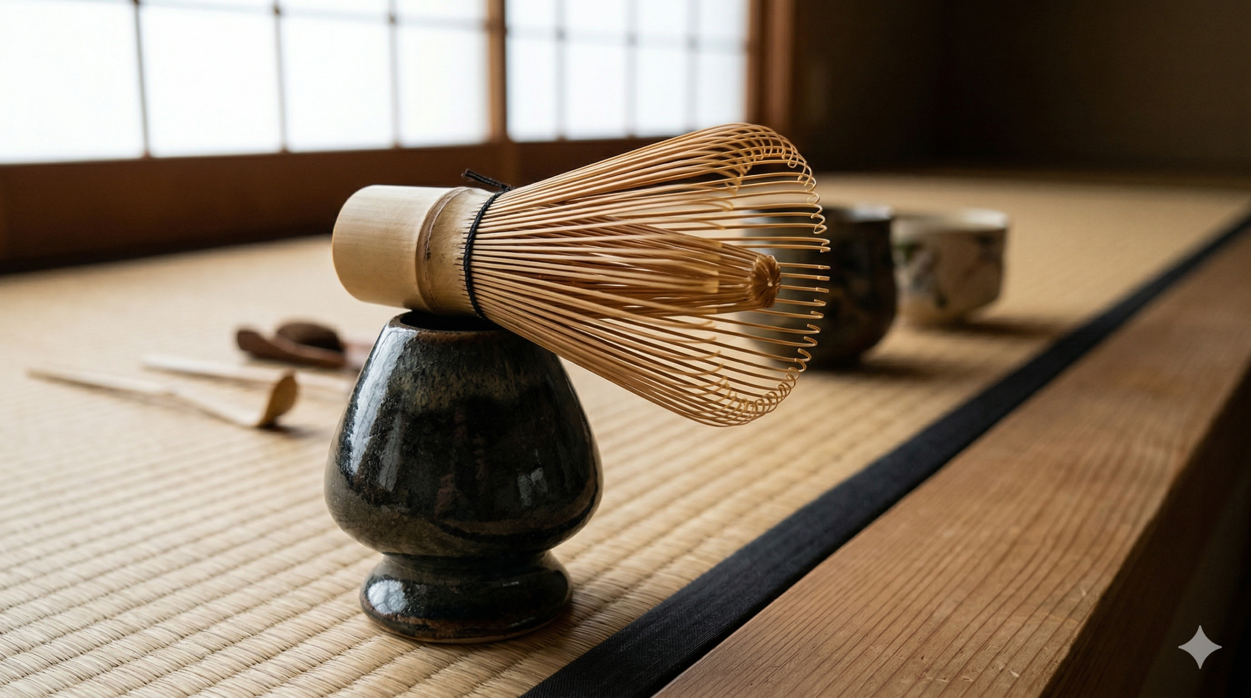 chasen bamboo matcha whisk resting on ceramic kusenaoshi holder