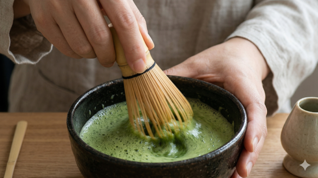 person whisking matcha in ceramic bowl using bamboo chasen matcha whisk in W motion